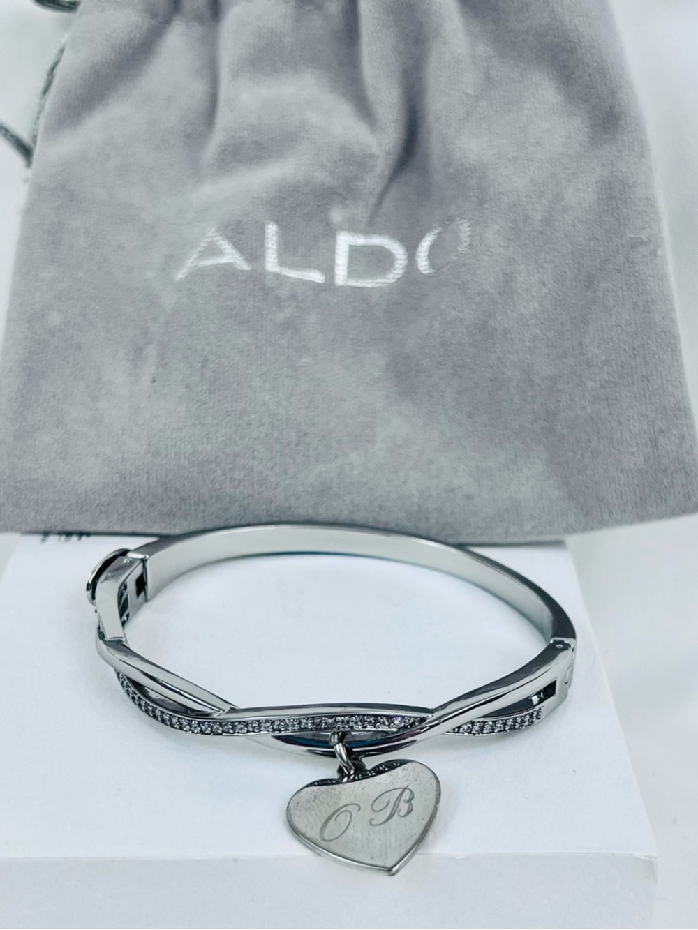 ALDO Silver Heart Charm Crystal Bangle Bracelet
